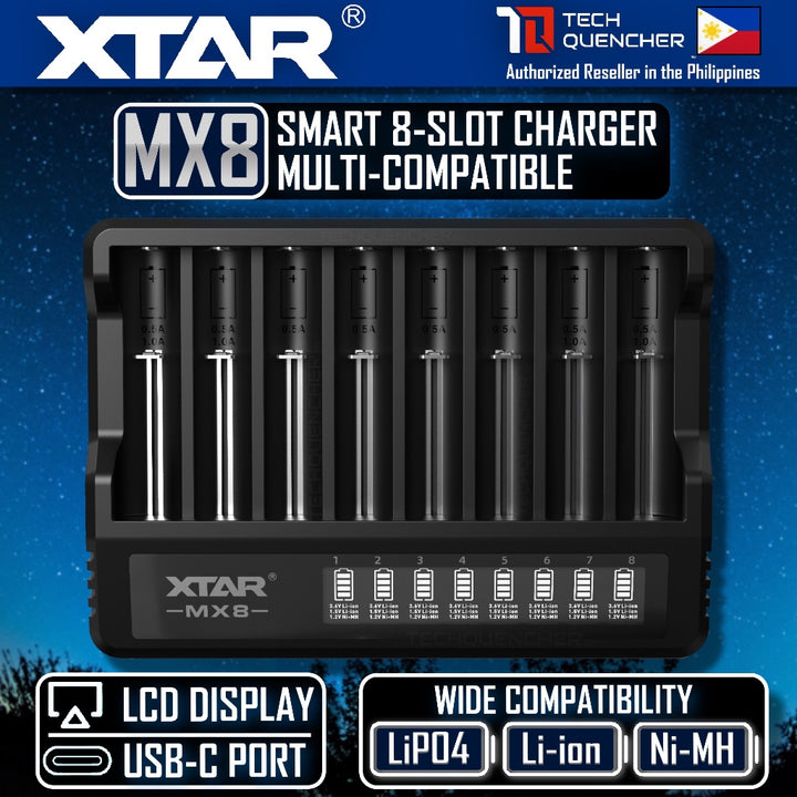 XTAR MX8 Smart Battery Charger - 8 Slots- Mix Charging - USB-C - LCD Display- Included PD20W Adaptor