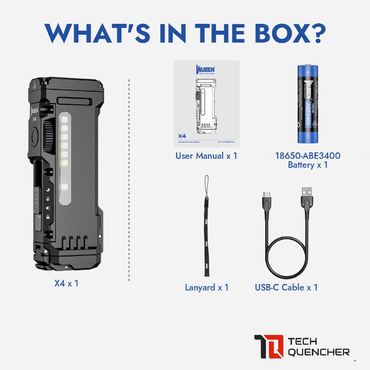 Wuben X4 Flashlight - 1500 Lumens - Side Light - 18650 Removable Battery - USB-C Rechargeable - IP68