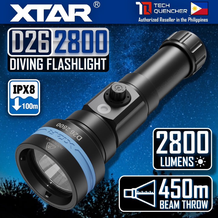 XTAR D26 2800 Diving Flashlight - 2800 Lumens - 450 meters- 5000mAh Rechargeable 21700 USB-C Battery