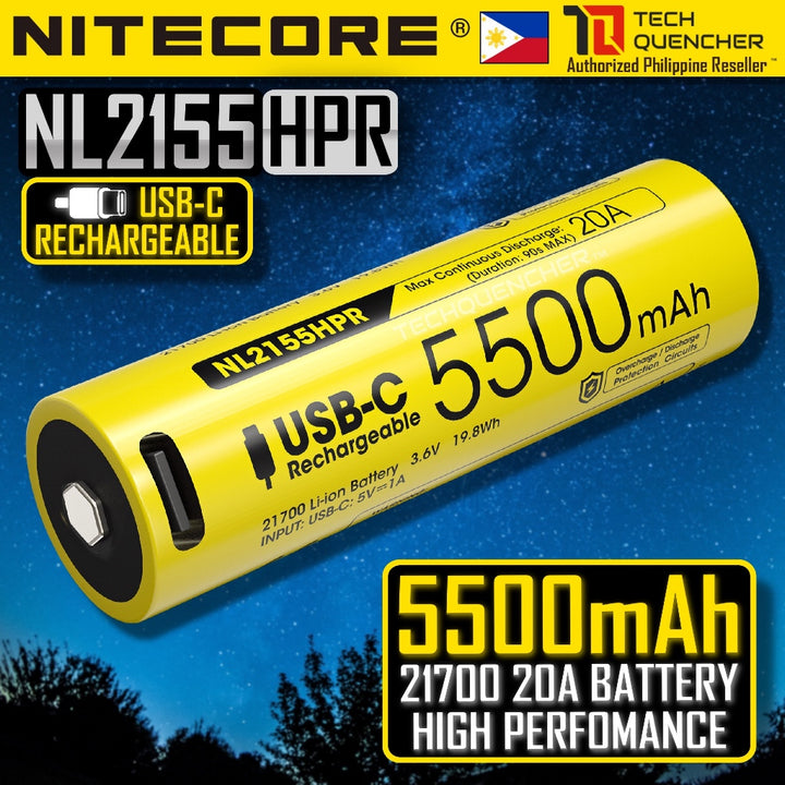 Nitecore NL2155HPR 5500mAh Battery - 20A - 21700 High Performance USB-C Rechargeable Li-ion Battery