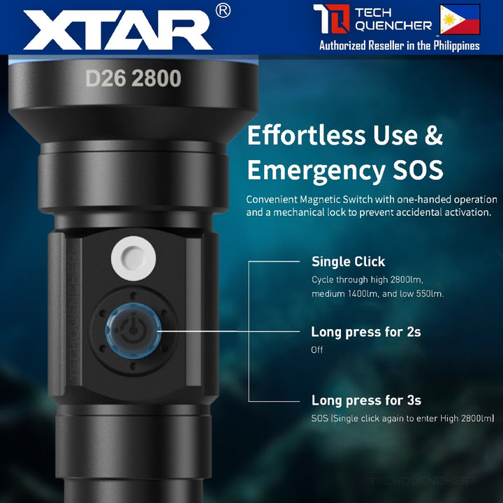 XTAR D26 2800 Diving Flashlight - 2800 Lumens - 450 meters- 5000mAh Rechargeable 21700 USB-C Battery