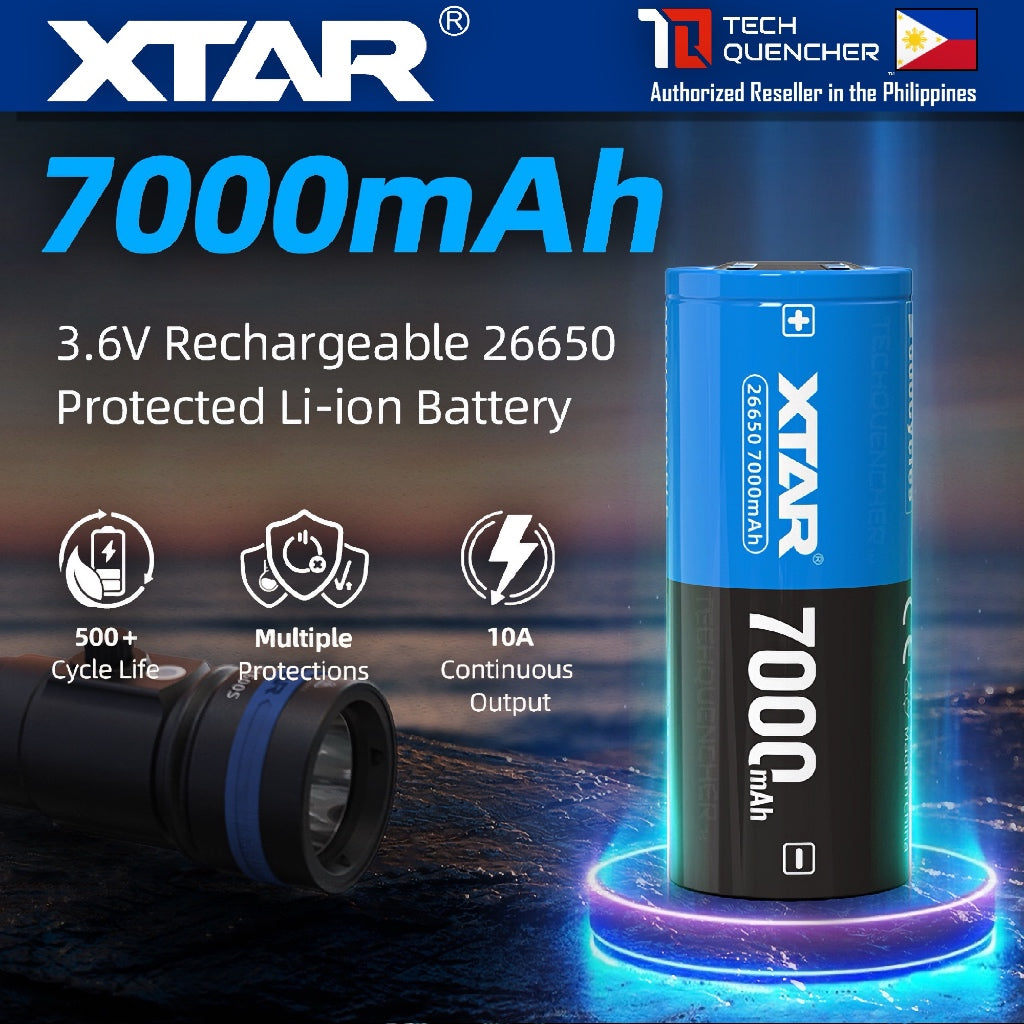 XTAR 26650 7000mAh Protected Battery - 3.6V Rechargeable - Lithium-Ion - 10A - Big Button Top Design