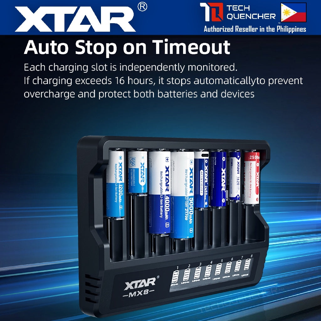XTAR MX8 Smart Battery Charger - 8 Slots- Mix Charging - USB-C - LCD Display- Included PD20W Adaptor