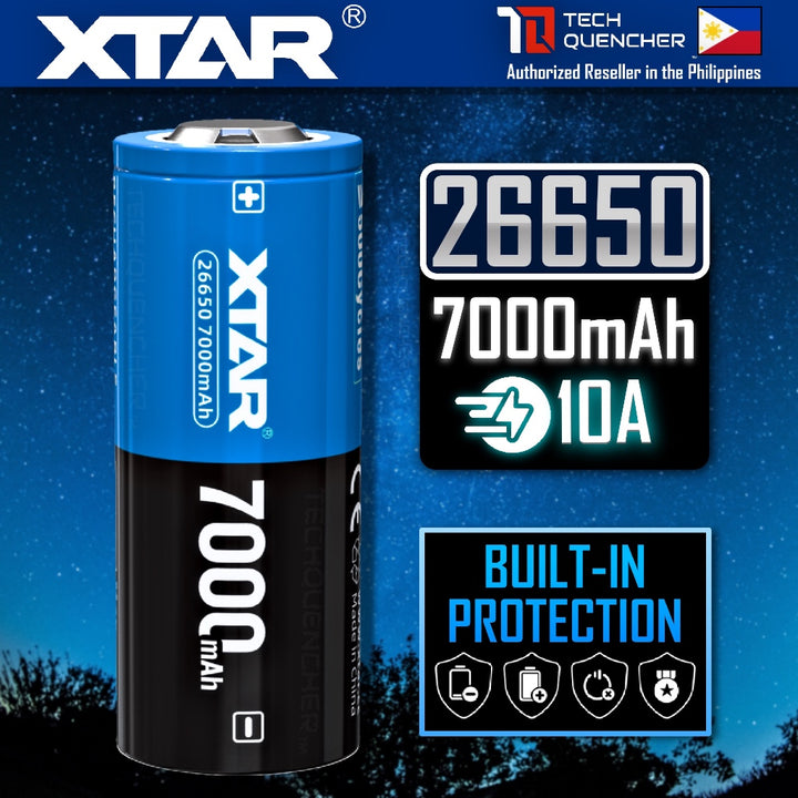 XTAR 26650 7000mAh Protected Battery - 3.6V Rechargeable - Lithium-Ion - 10A - Big Button Top Design