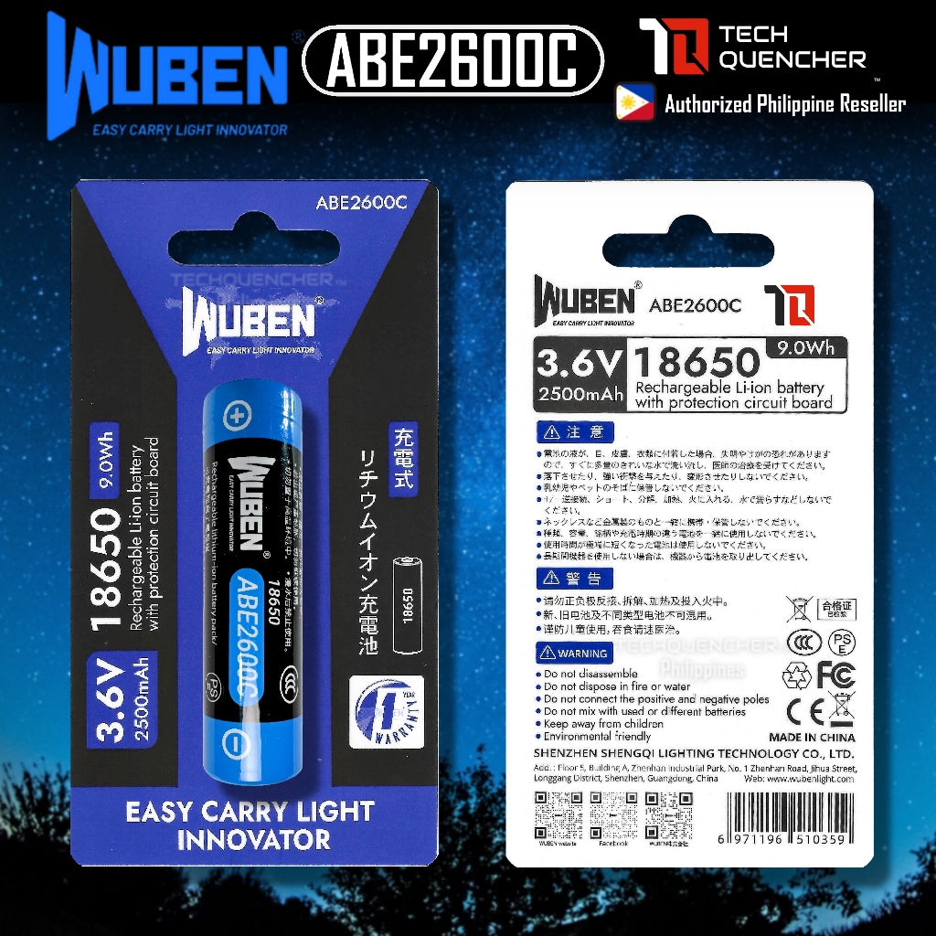 Wuben ABE2600C 18650 Battery - Rechargeable 2500mAh - Li-ion Battery - 10A - Circuit Protection
