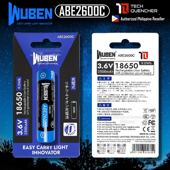 Wuben ABE2600C 18650 Battery - Rechargeable 2500mAh - Li-ion Battery - 10A - Circuit Protection