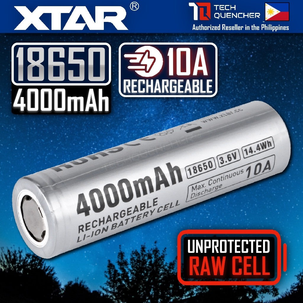 XTAR 18650 4000mAh RAW UNPROTECTED Battery - 3.6V Rechargeable - Lithium-Ion - 10A Max Discharge