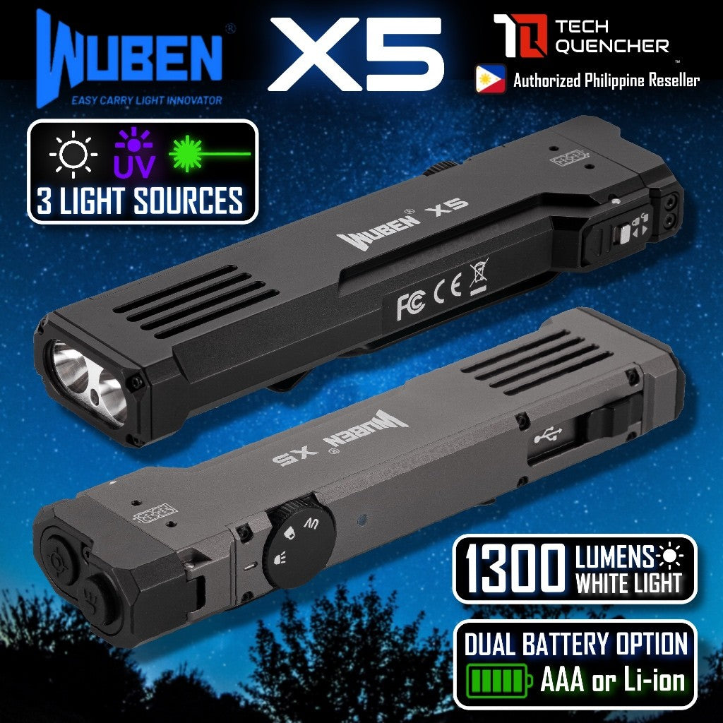 Wuben X5 Flashlight - 1300 Lumens - UV + Laser - Lithium or AAA Battery - Rechargeable USB-C - IP65