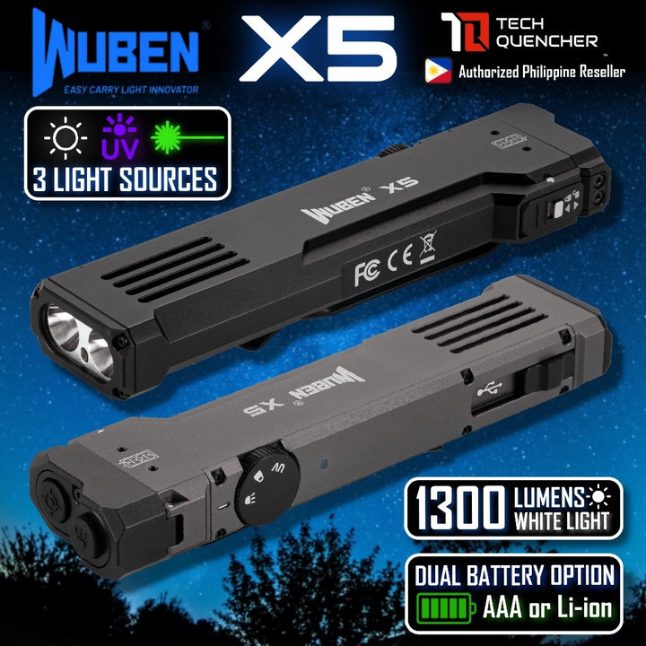 Wuben X5 Flashlight - 1300 Lumens - UV + Laser - Lithium or AAA Battery - Rechargeable USB-C - IP65