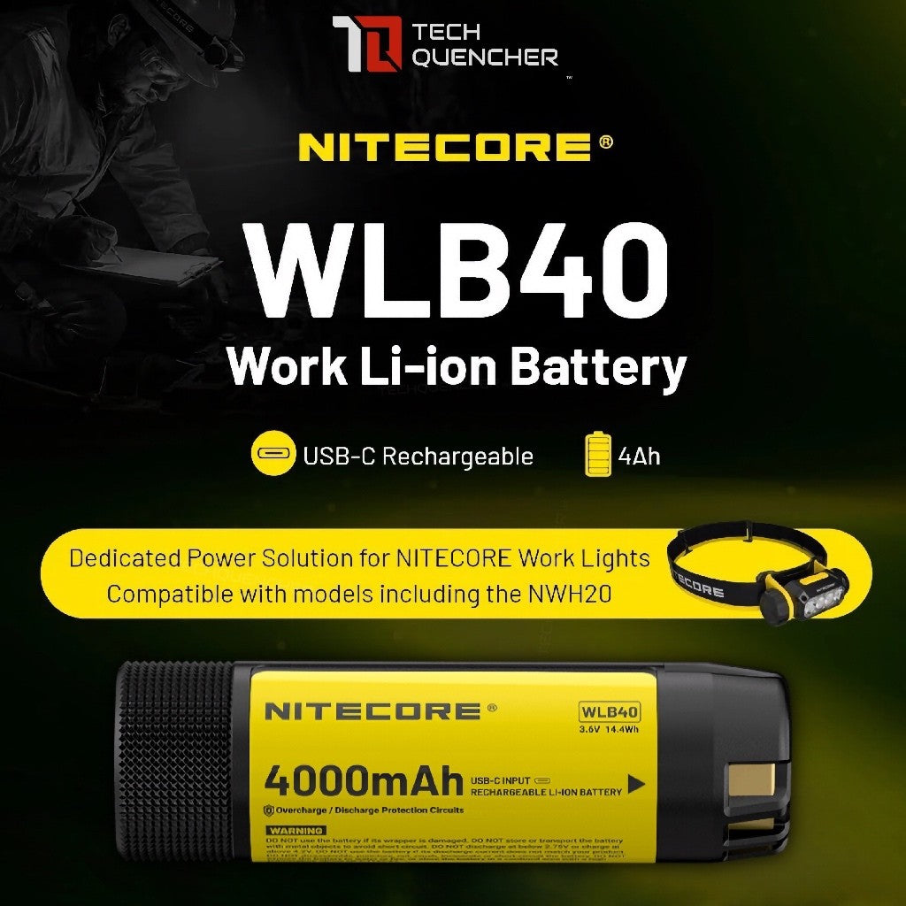 Nitecore WLB40 Work Li-ion Battery - 4000mAh - USB-C Rechargeable - Power Indicator Lights - NWH20