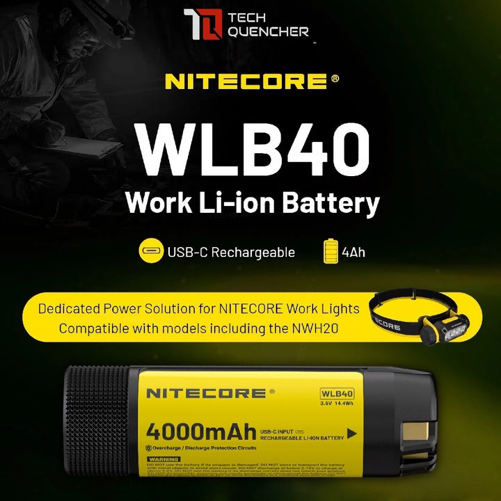 Nitecore WLB40 Work Li-ion Battery - 4000mAh - USB-C Rechargeable - Power Indicator Lights - NWH20