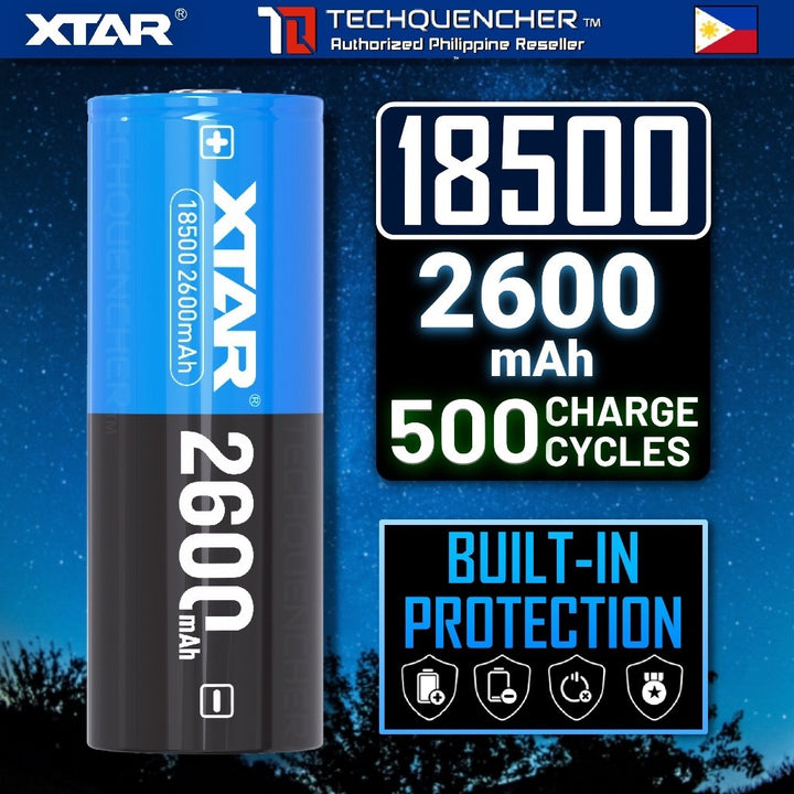 XTAR 18500 2600mAh Battery - 4.5A - Protected Cell - 3.6V Rechargeable Li-Ion Battery - 500+ Cycles