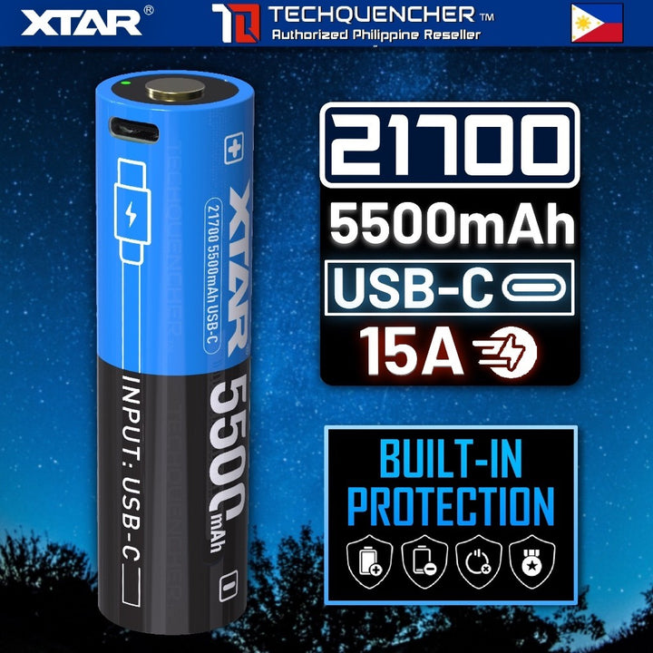 XTAR 21700 5500mAh USB-C Battery - 15A Max - Protected Cell - 3.6V Rechargeable Lithium-Ion Battery