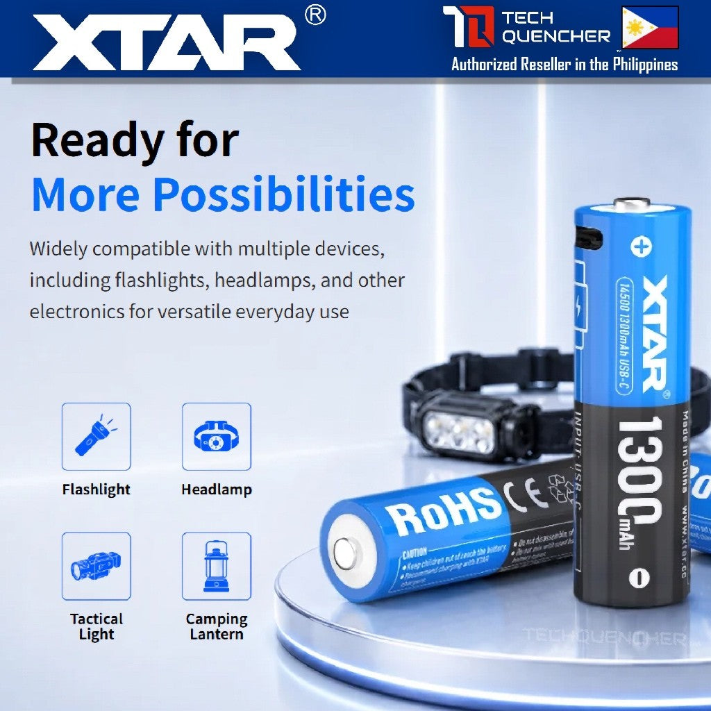 XTAR 14500 1300mAh USB-C Rechargeable Lithium-Ion Battery - 3.6V - 3.0A - Protected - 500+ Cycles