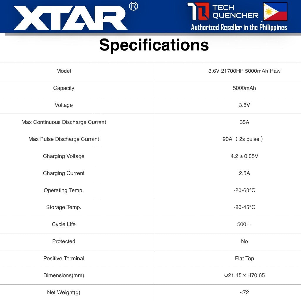 XTAR 21700HP 5000mAh RAW UNPROTECTED Battery - 3.6V Rechargeable - Lithium-Ion - 90A Peak Discharge