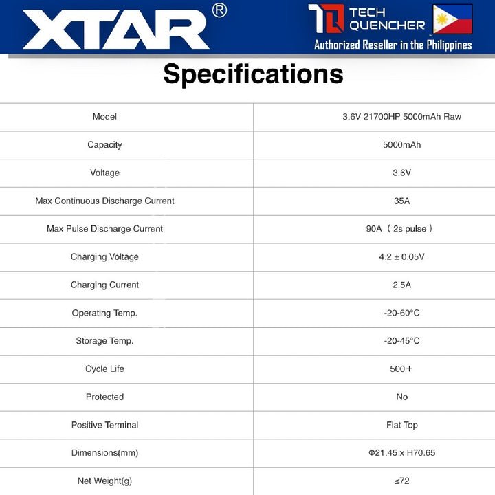 XTAR 21700HP 5000mAh RAW UNPROTECTED Battery - 3.6V Rechargeable - Lithium-Ion - 90A Peak Discharge