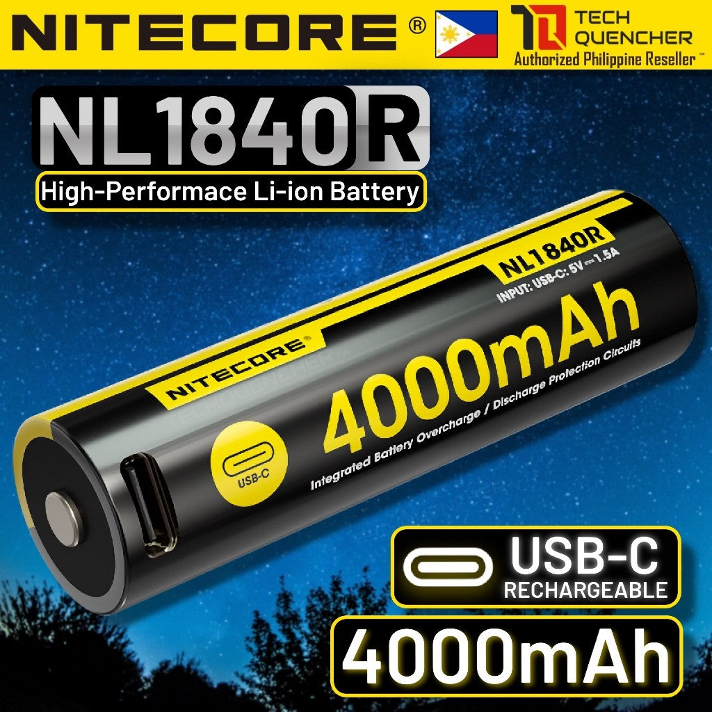 Nitecore NL1840R Battery - 4000mAh - USB-C Rechargeable 18650 -Performance-Protected Li-ion Battery