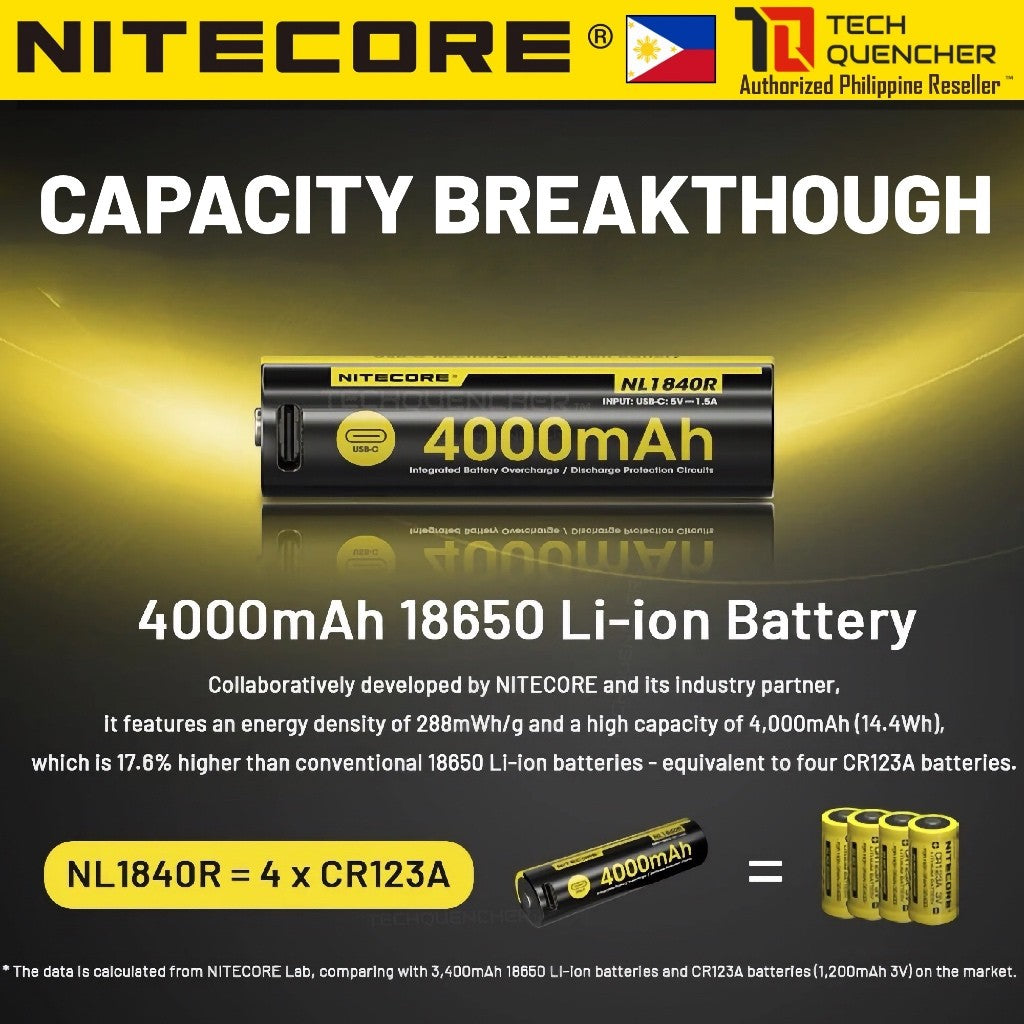 Nitecore NL1840R Battery - 4000mAh - USB-C Rechargeable 18650 -Performance-Protected Li-ion Battery