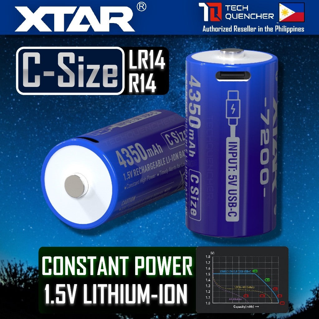 XTAR C Size Li-ion Battery - Size C - LR14 - R14 - 1.5V - 4350mAh High Capacity - USB-C Rechargeable