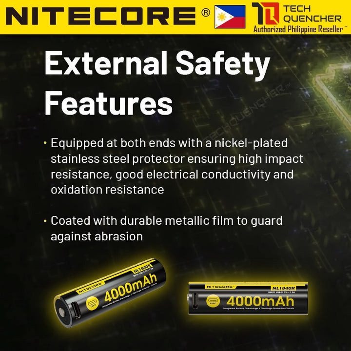 Nitecore NL1840R Battery - 4000mAh - USB-C Rechargeable 18650 -Performance-Protected Li-ion Battery