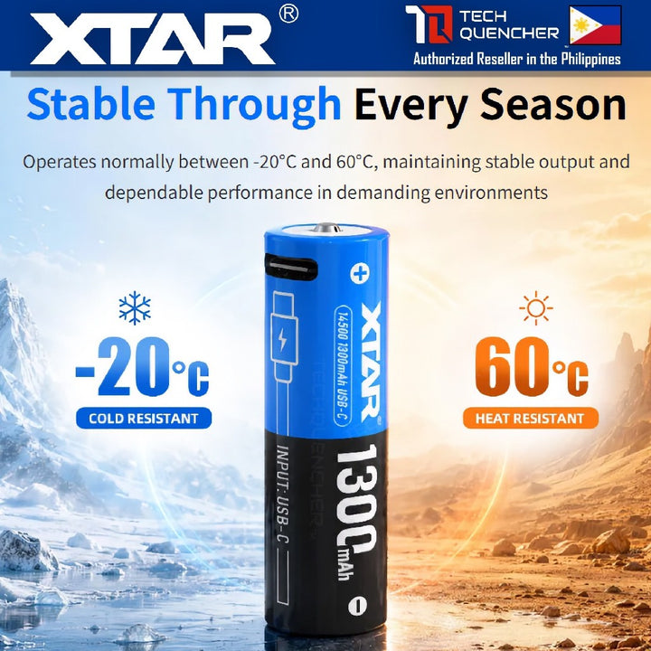 XTAR 14500 1300mAh USB-C Rechargeable Lithium-Ion Battery - 3.6V - 3.0A - Protected - 500+ Cycles
