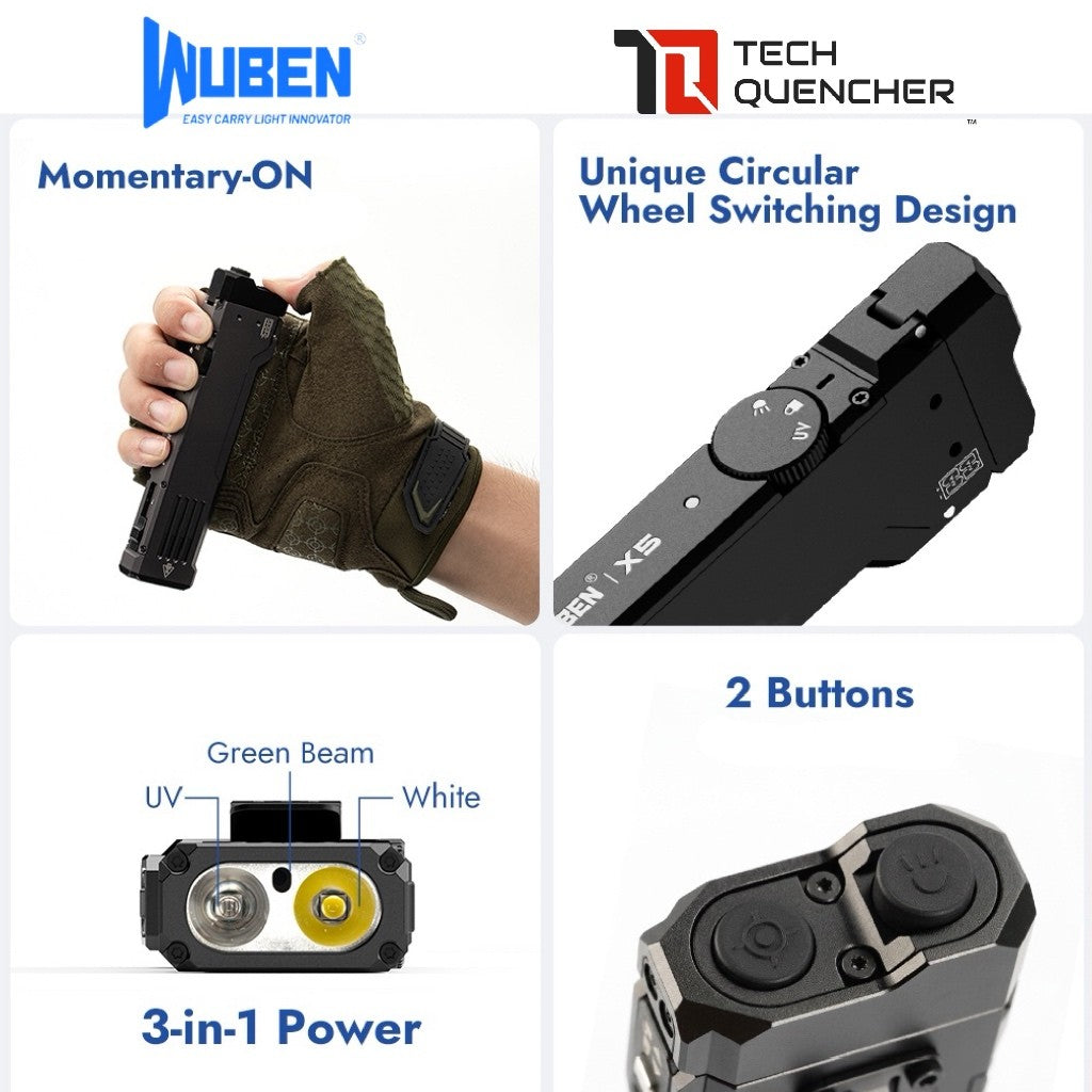 Wuben X5 Flashlight - 1300 Lumens - UV + Laser - Lithium or AAA Battery - Rechargeable USB-C - IP65