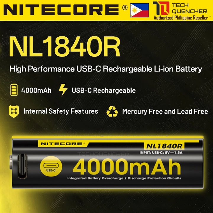 Nitecore NL1840R Battery - 4000mAh - USB-C Rechargeable 18650 -Performance-Protected Li-ion Battery