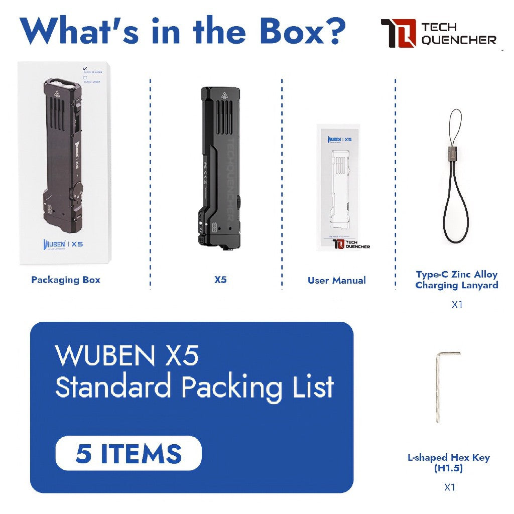 Wuben X5 Flashlight - 1300 Lumens - UV + Laser - Lithium or AAA Battery - Rechargeable USB-C - IP65