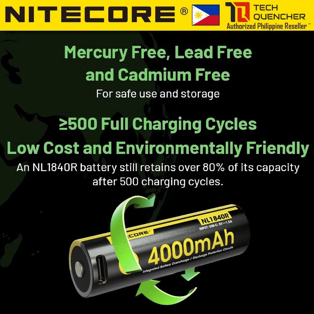 Nitecore NL1840R Battery - 4000mAh - USB-C Rechargeable 18650 -Performance-Protected Li-ion Battery