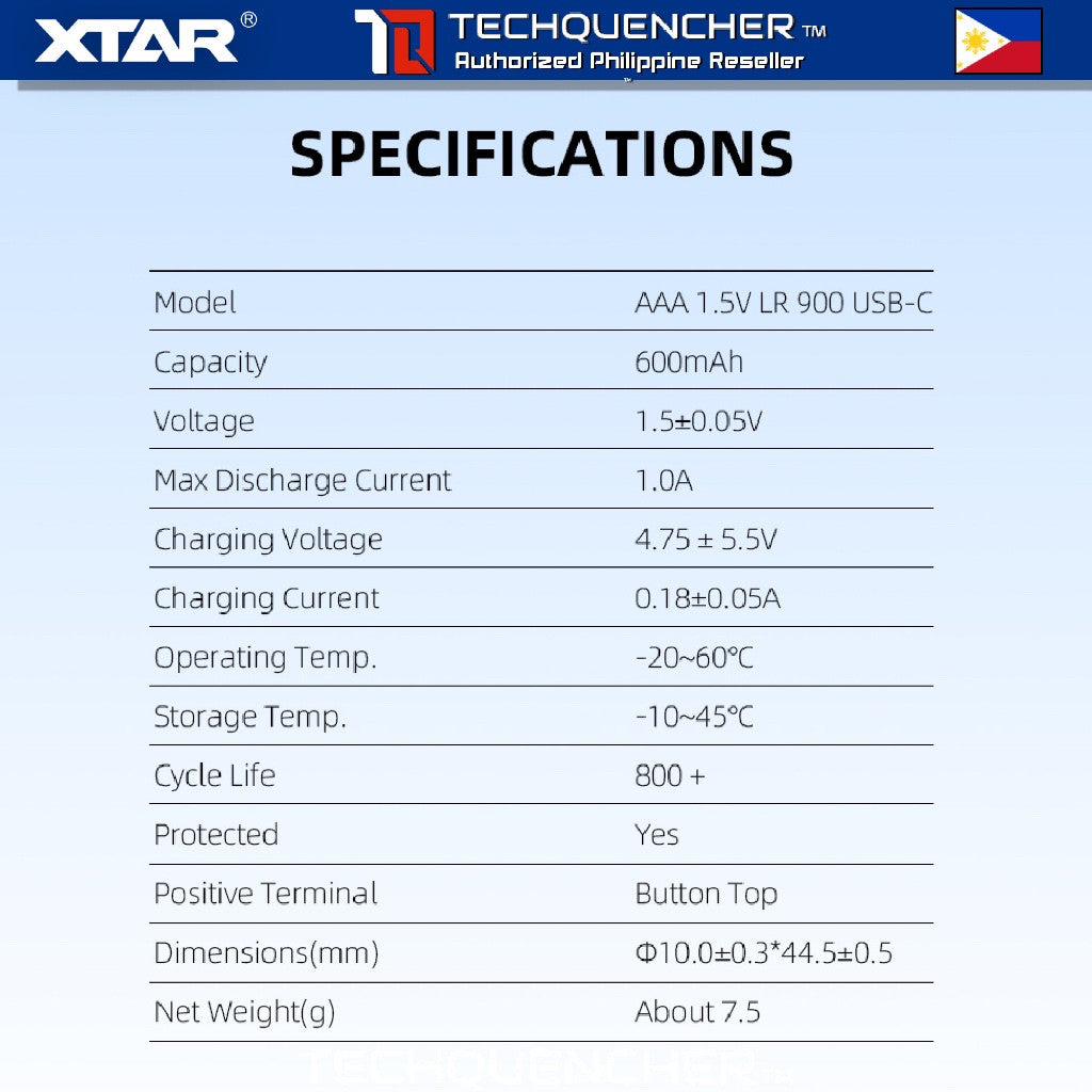 XTAR AAA 1.5V LR900 - USB-C Rechargeable Lithium-Ion Battery -  600mAh True Capacity - LED Indicator