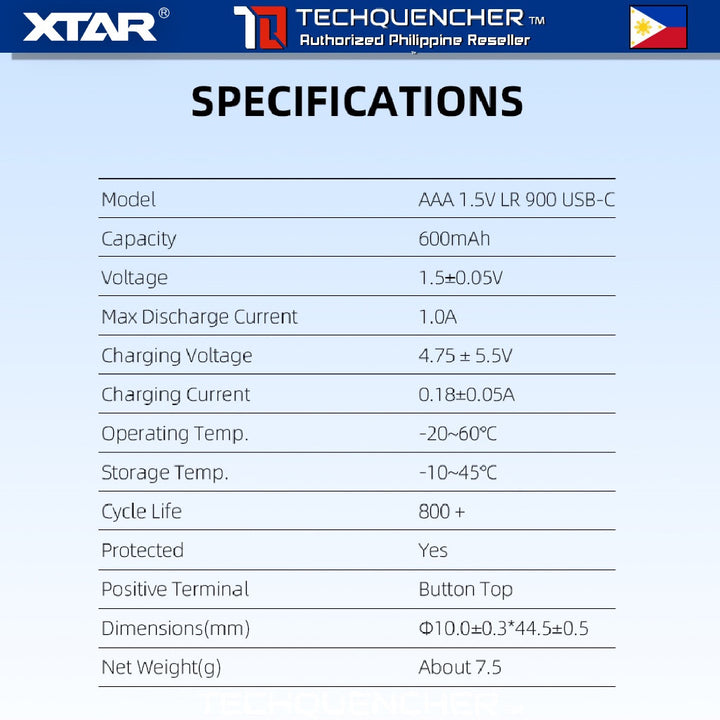 XTAR AAA 1.5V LR900 - USB-C Rechargeable Lithium-Ion Battery -  600mAh True Capacity - LED Indicator