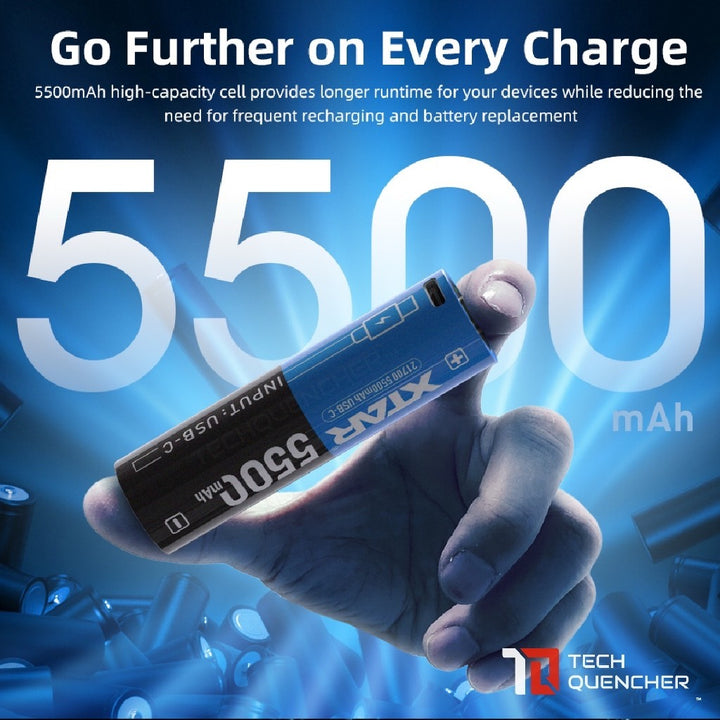XTAR 21700 5500mAh USB-C Battery - 15A Max - Protected Cell - 3.6V Rechargeable Lithium-Ion Battery