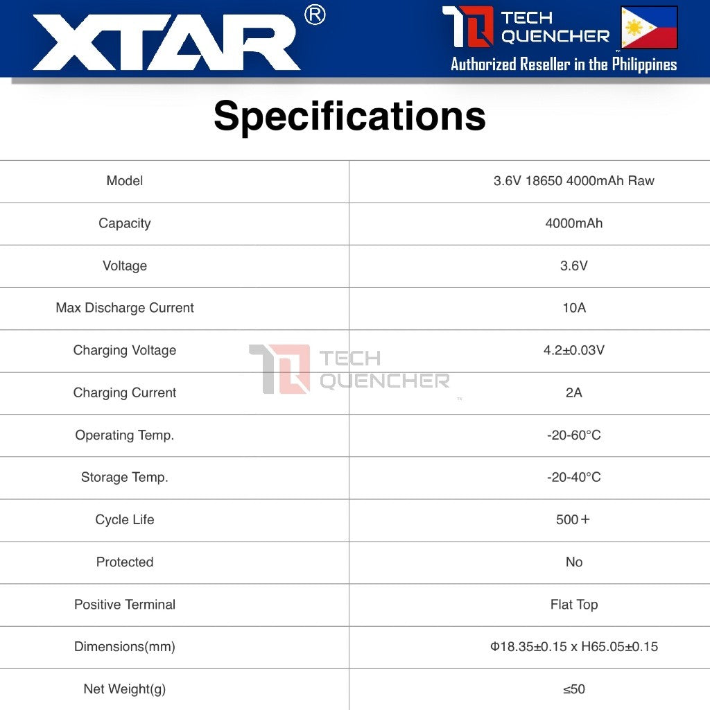 XTAR 18650 4000mAh RAW UNPROTECTED Battery - 3.6V Rechargeable - Lithium-Ion - 10A Max Discharge