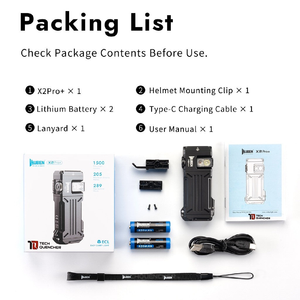 Wuben X2 Pro + PLUS Flashlight - 1500 Lumens - Rotating Side Light - USB-C Rechargeable 14500 or AA