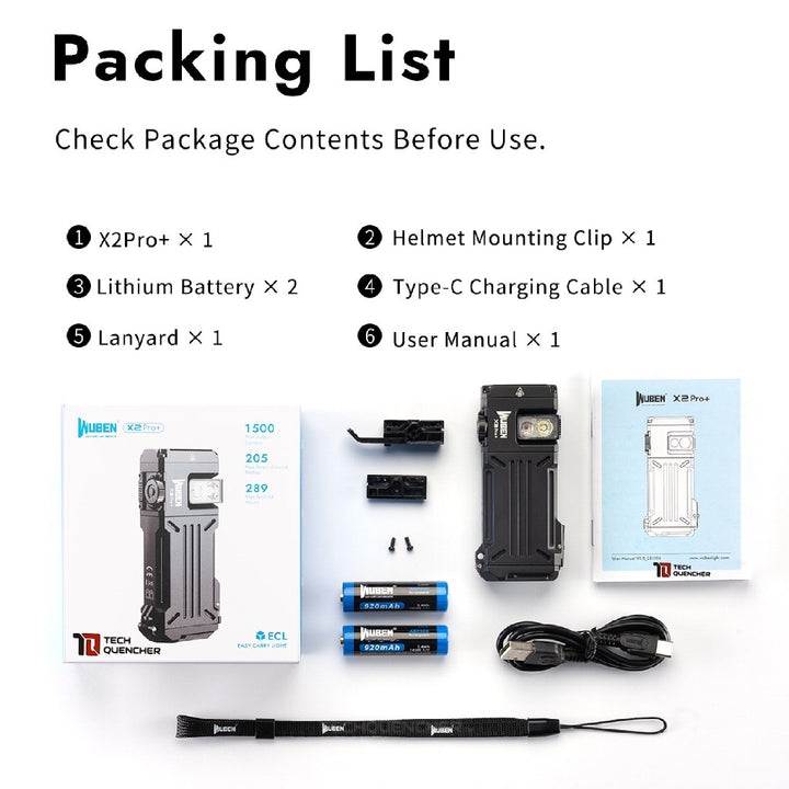 Wuben X2 Pro + PLUS Flashlight - 1500 Lumens - Rotating Side Light - USB-C Rechargeable 14500 or AA