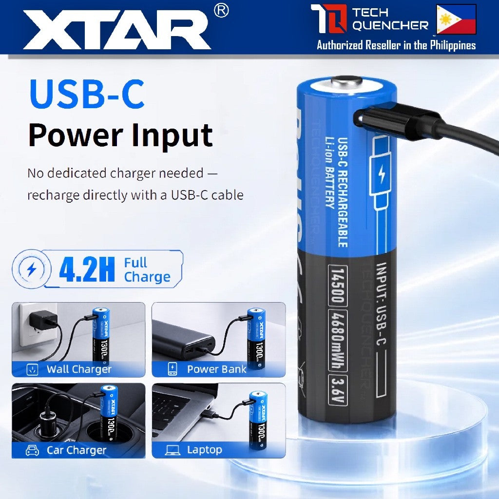 XTAR 14500 1300mAh USB-C Rechargeable Lithium-Ion Battery - 3.6V - 3.0A - Protected - 500+ Cycles