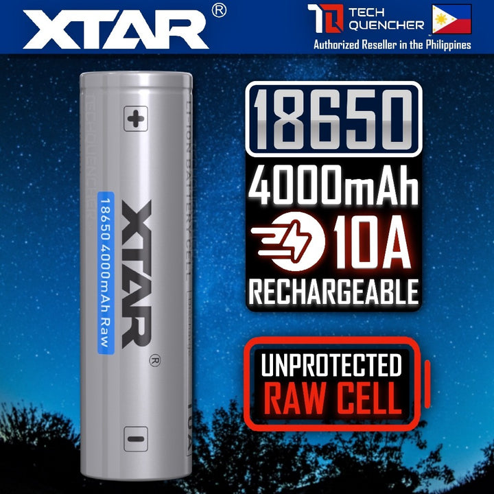 XTAR 18650 4000mAh RAW UNPROTECTED Battery - 3.6V Rechargeable - Lithium-Ion - 10A Max Discharge