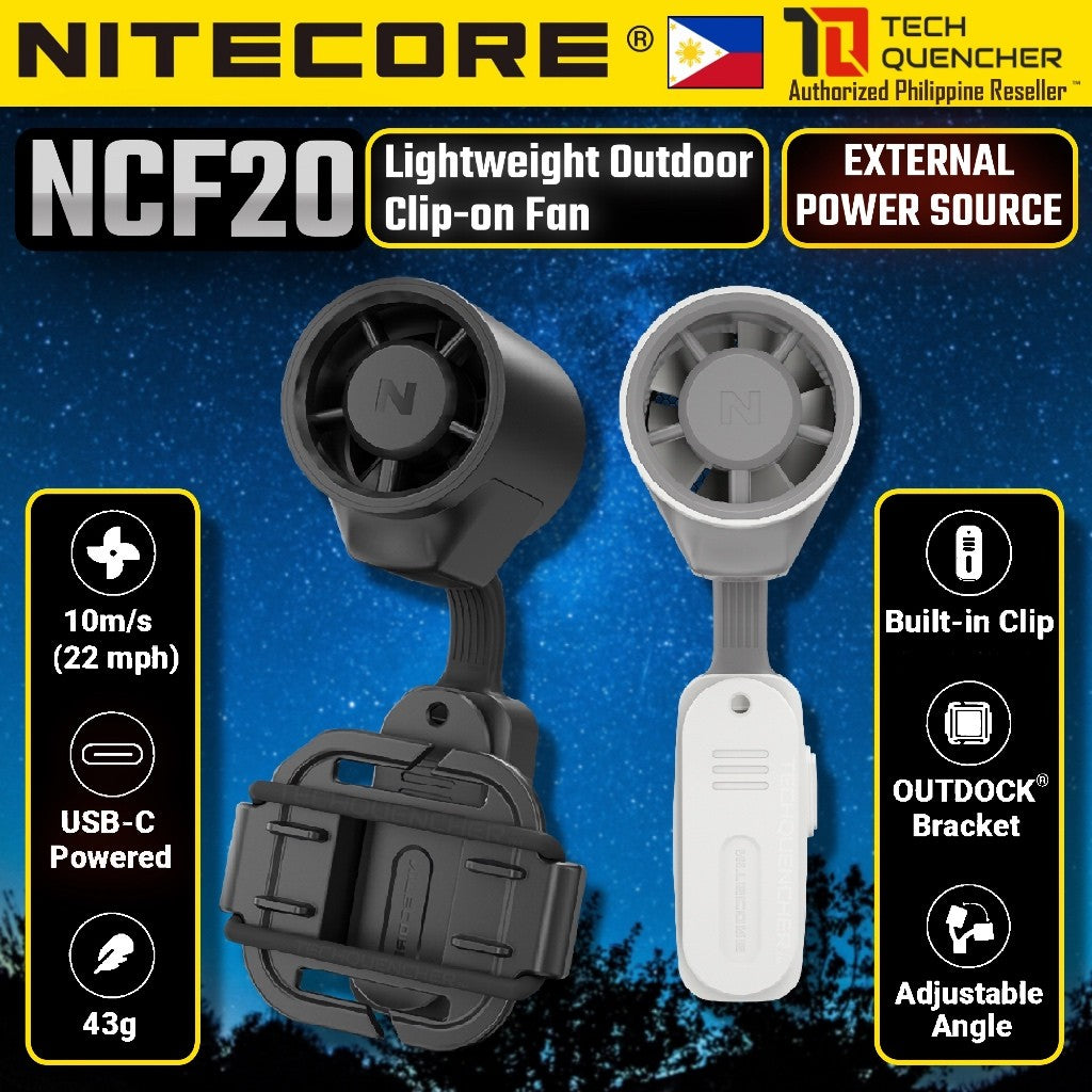 Nitecore NCF20 Fan - Built-in Clip - USB-C - External Power Source - Included Bracket Mounting