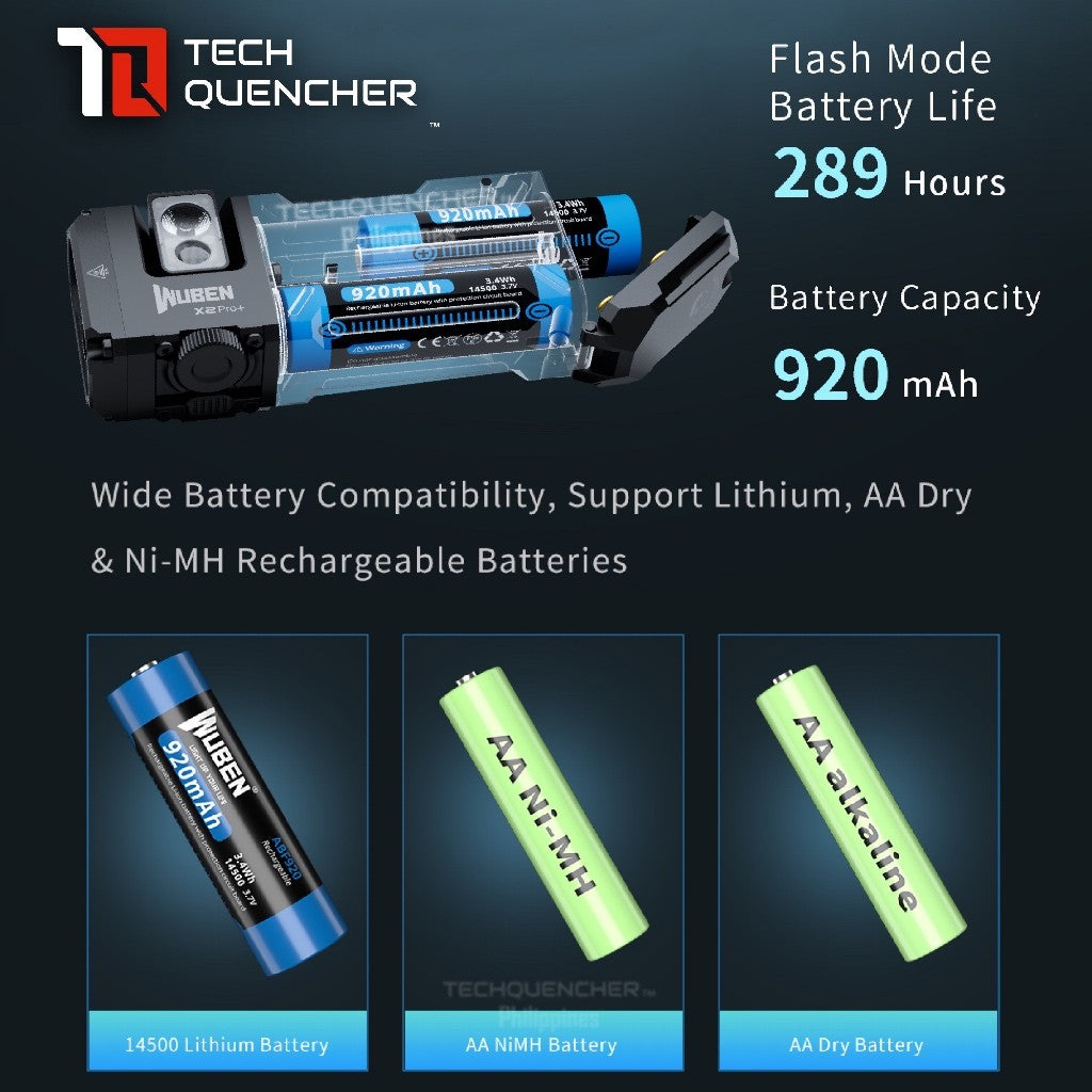 Wuben X2 Pro + PLUS Flashlight - 1500 Lumens - Rotating Side Light - USB-C Rechargeable 14500 or AA