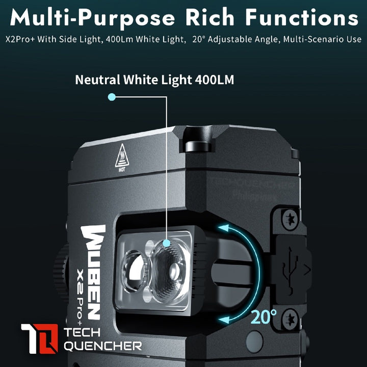 Wuben X2 Pro + PLUS Flashlight - 1500 Lumens - Rotating Side Light - USB-C Rechargeable 14500 or AA