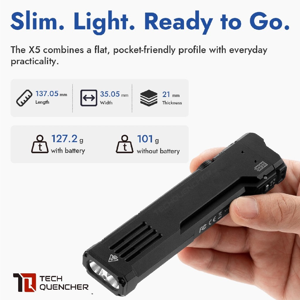 Wuben X5 Flashlight - 1300 Lumens - UV + Laser - Lithium or AAA Battery - Rechargeable USB-C - IP65