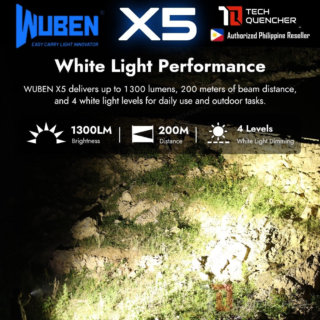 Wuben X5 Flashlight - 1300 Lumens - UV + Laser - Lithium or AAA Battery - Rechargeable USB-C - IP65
