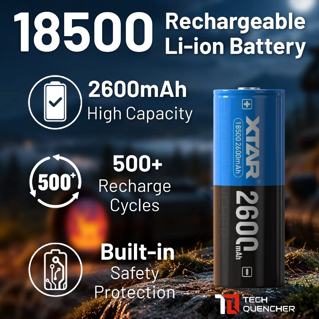 XTAR 18500 2600mAh Battery - 4.5A - Protected Cell - 3.6V Rechargeable Li-Ion Battery - 500+ Cycles
