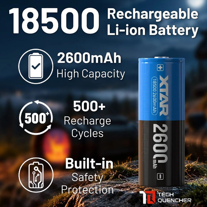 XTAR 18500 2600mAh Battery - 4.5A - Protected Cell - 3.6V Rechargeable Li-Ion Battery - 500+ Cycles