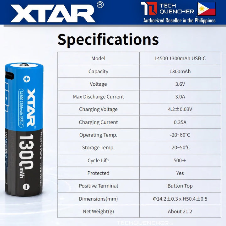 XTAR 14500 1300mAh USB-C Rechargeable Lithium-Ion Battery - 3.6V - 3.0A - Protected - 500+ Cycles