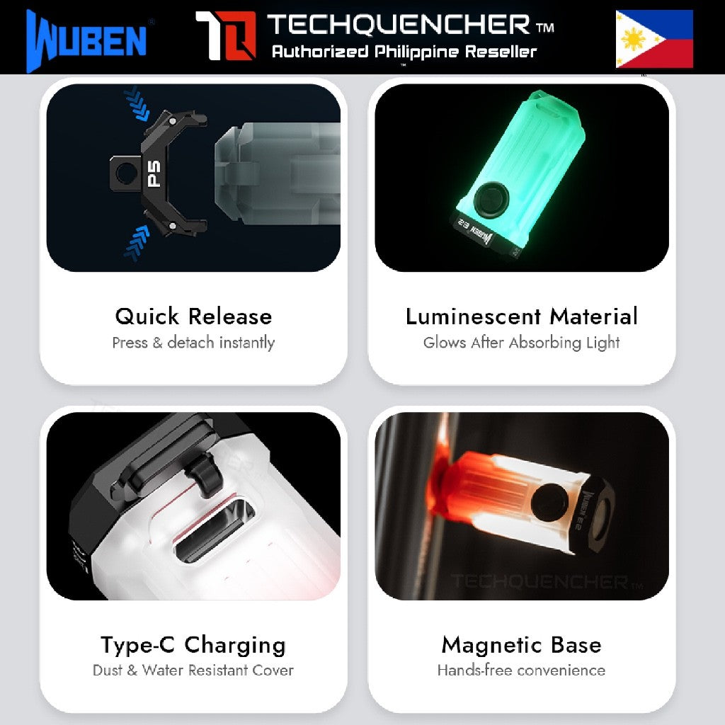Wuben E2 Keychain Flashlight - 10.7grams - Magnetic - Glow in the Dark - USB-C - IP66 - 150 Lumens