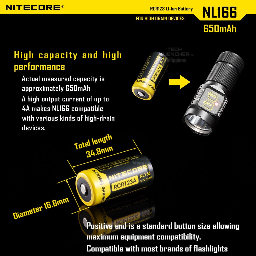 Nitecore NL166 RCR123A 16340 Battery 650mAh 4A High Drain Protected Li-ion Battery