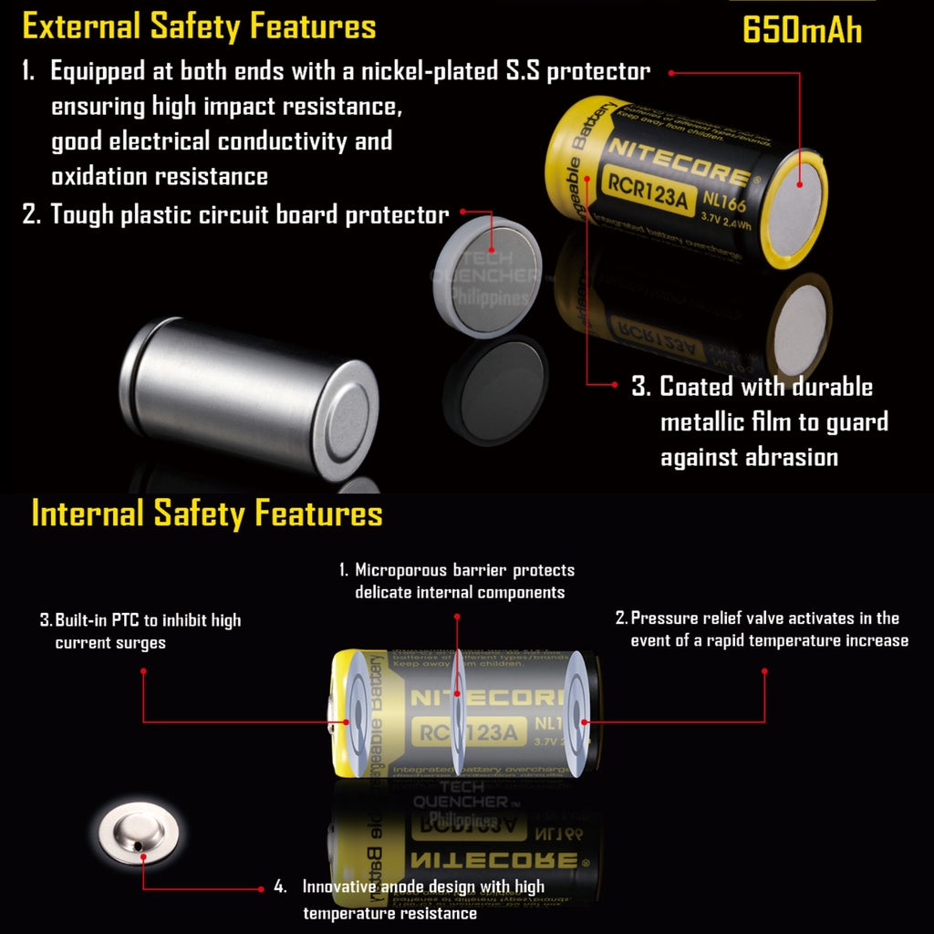 Nitecore NL166 RCR123A 16340 Battery 650mAh 4A High Drain Protected Li-ion Battery