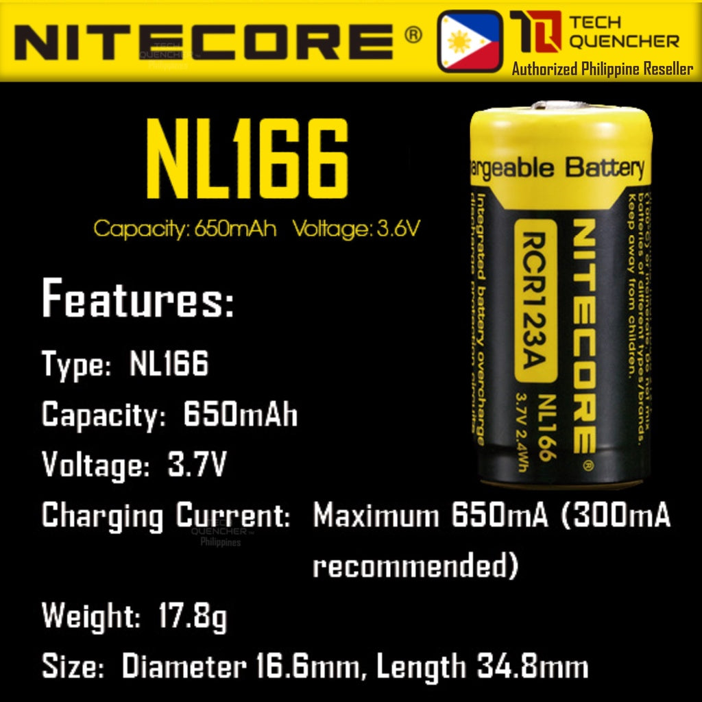 Nitecore NL166 RCR123A 16340 Battery 650mAh 4A High Drain Protected Li-ion Battery