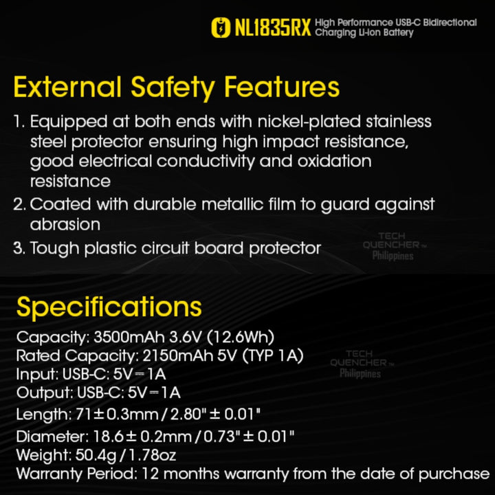 Nitecore NL1835RX Battery - 3500mAh - USB-C Bi-Directional Charging